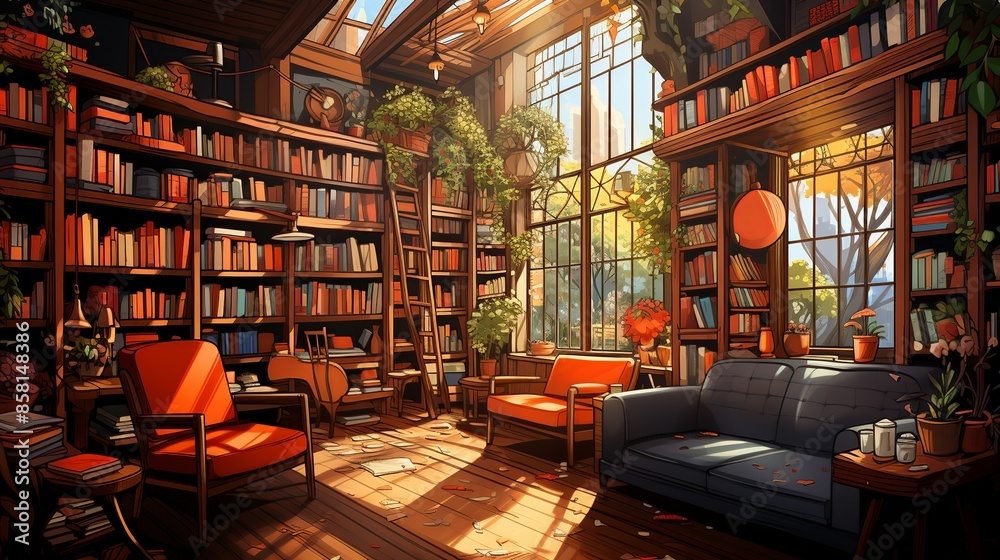 A charming, hand-drawn illustration of a cozy bookstore, with shelves filled with books, comfy chairs, and a warm, inviting atmosphere. Illustration, Minimalism, A charming, hand-drawn illustration of a cozy bookstore, with shelves filled with books, comfy chairs, and a warm, inviting atmosphere. Illustration, Minimalism,