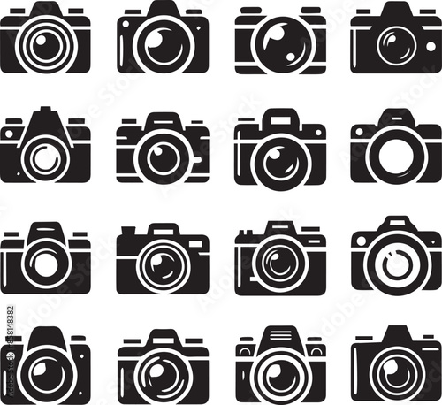 Photo and camera silhoutte logo icon set. Icons of photography, image, photo gallery and photo camera.