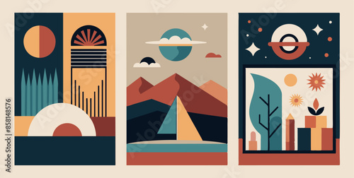 Three posters with varied landscapes and geometric shapes. A collection of three posters featuring various landscapes and geometric shapes, perfect for adding a touch of uniqueness to any space