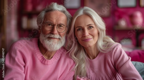 An elderly couple dressed in matching pink clothing sits close together, radiating love and companionship amid a pink-themed cozy environment.