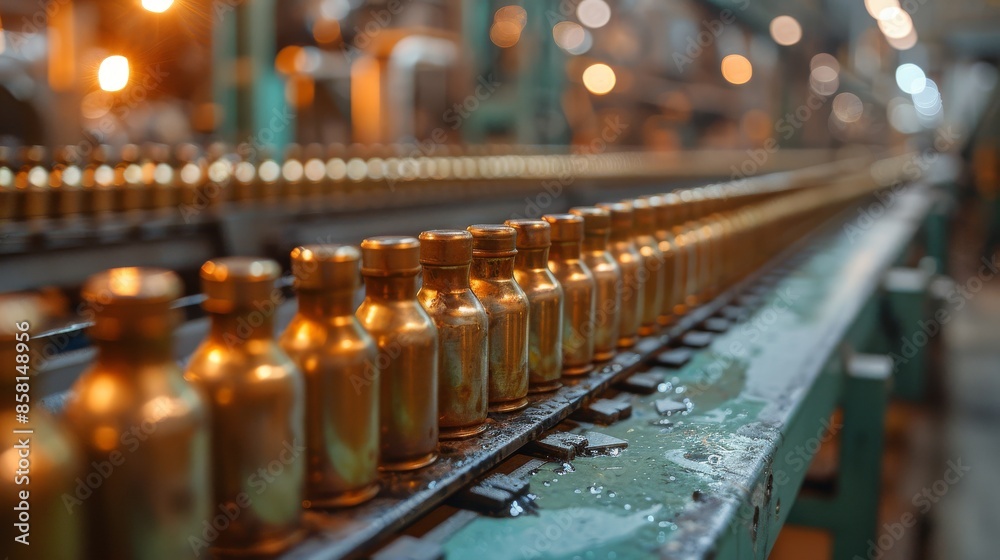 Series of golden bottles lined up on a factory assembly conveyor belt, depicted under industrial lighting showcasing the meticulous manufacturing process in an orderly setup. Series of golden bottles lined up on a factory assembly conveyor belt, depicted under industrial lighting showcasing the meticulous manufacturing process in an orderly setup.
