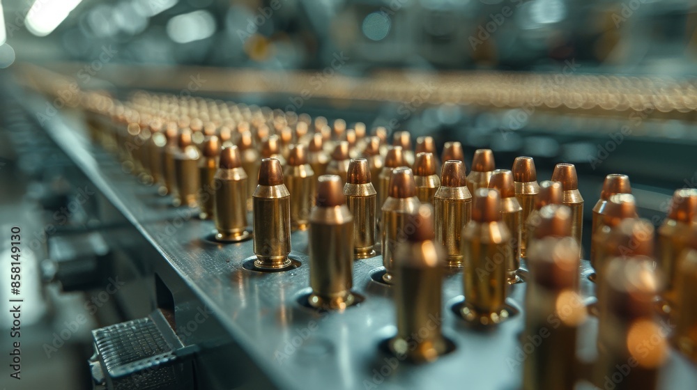 Perfectly aligned brass and copper ammunition cases are displayed on an assembly line in an industrial factory setting, epitomizing high-tech manufacturing and meticulous production. Perfectly aligned brass and copper ammunition cases are displayed on an assembly line in an industrial factory setting, epitomizing high-tech manufacturing and meticulous production.