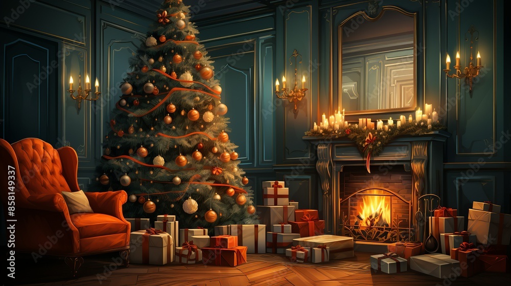 A charming illustration of a cozy living room during the holidays, with a decorated Christmas tree, a roaring fireplace, and a warm, inviting ambiance. Illustration, Minimalism,