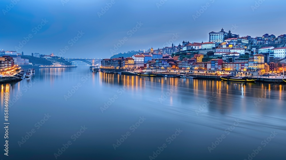A panoramic view of Porto, Portugal at dusk, showcasing the citys colorful buildings, the Douro River, and a bridge in the distance A panoramic view of Porto, Portugal at dusk, showcasing the citys colorful buildings, the Douro River, and a bridge in the distance