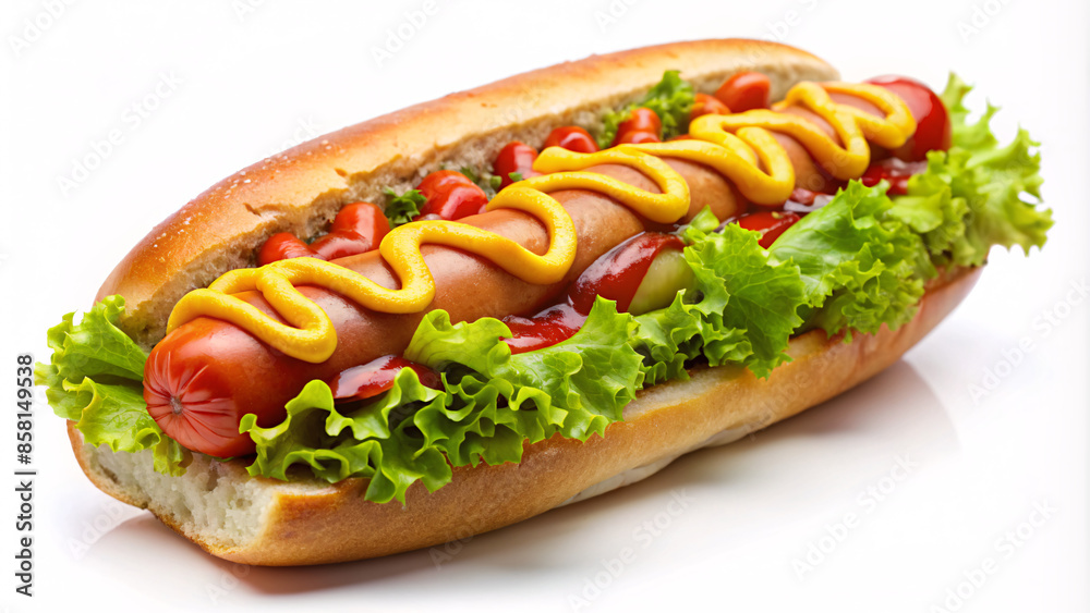 hot dog with mustard and ketchup and salad isolated white background hot dog with mustard and ketchup and salad isolated white background
