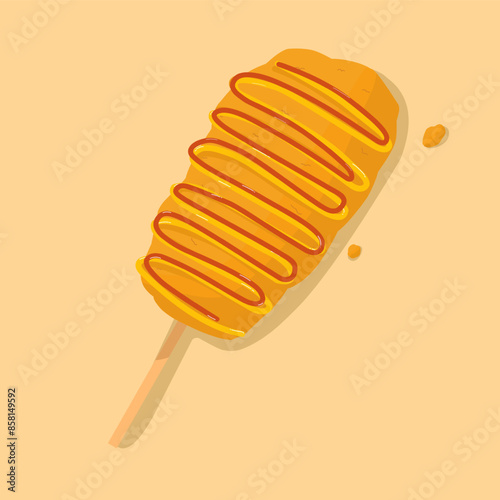 Korean Mozarella Corn Dog with mustard and hit sauce ketchup- Famous Asian Street Food Illustration photo