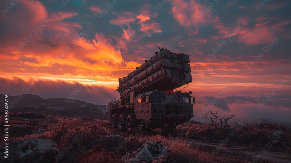 A missile launcher stands poised in a picturesque mountain landscape at dusk, juxtaposing the rugged natural environment with the stark presence of military machinery. A missile launcher stands poised in a picturesque mountain landscape at dusk, juxtaposing the rugged natural environment with the stark presence of military machinery.