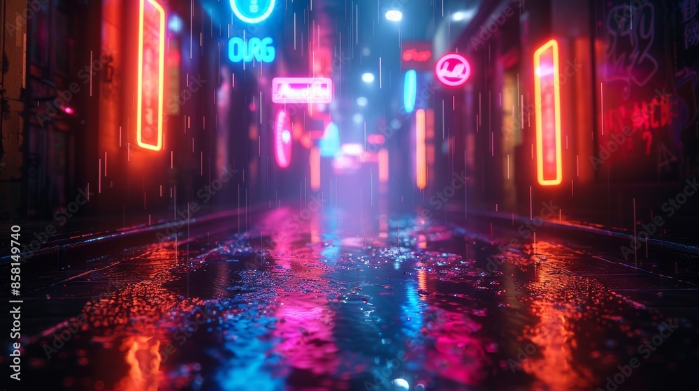 An urban street scene captured at night with rain falling, surfaces reflecting vibrant neon lights, creating a mesmerizing and colorful urban atmosphere under the rain. An urban street scene captured at night with rain falling, surfaces reflecting vibrant neon lights, creating a mesmerizing and colorful urban atmosphere under the rain.