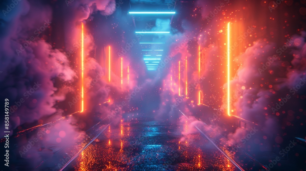 A surreal view of a futuristic neon light corridor illuminated by contrasting blue and orange hues, filled with ambient smoke, creating a mysterious and atmospheric scene.