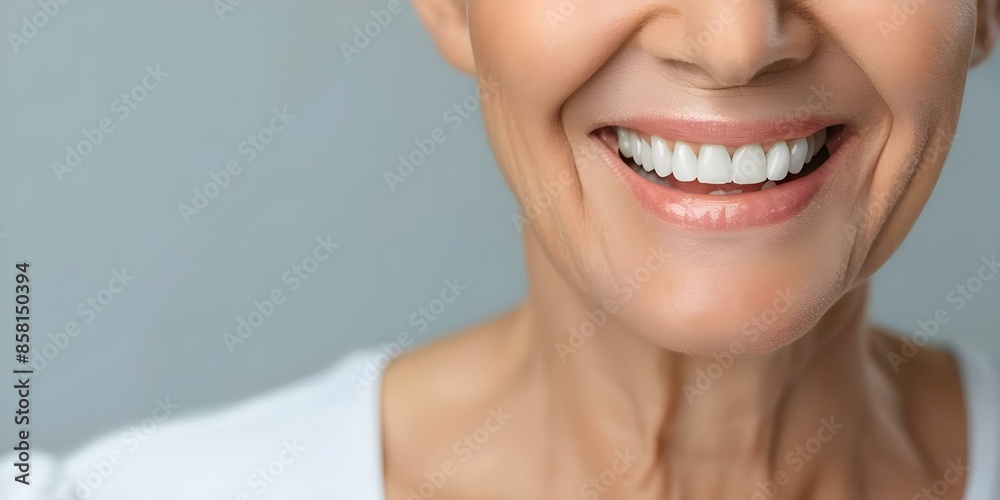 Obraz premium A close-up image of a happy elderly woman smiling with clean teeth. Concept Portrait, Elderly, Smiling, Happy, Dental Health