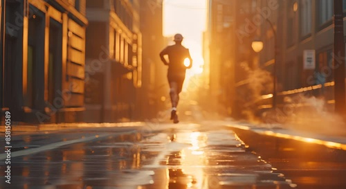 Create a highly realistic, photographic image with natural light and vibrant, strong colors. The image should show a full-body street runner athlete with a confident and determined expression and a mo photo
