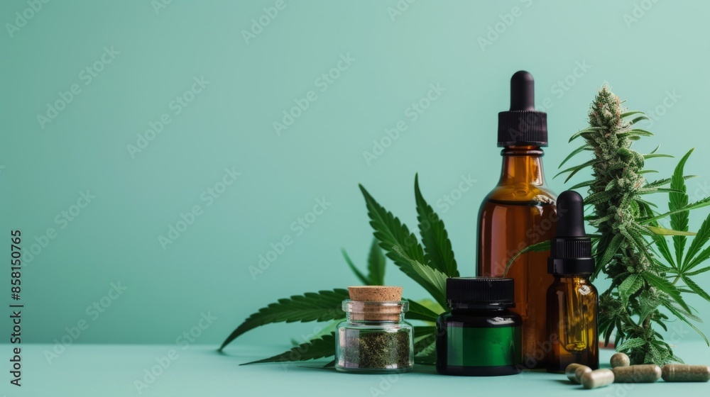 Cannabis CBD oil with plant leaf Cannabis CBD oil with plant leaf