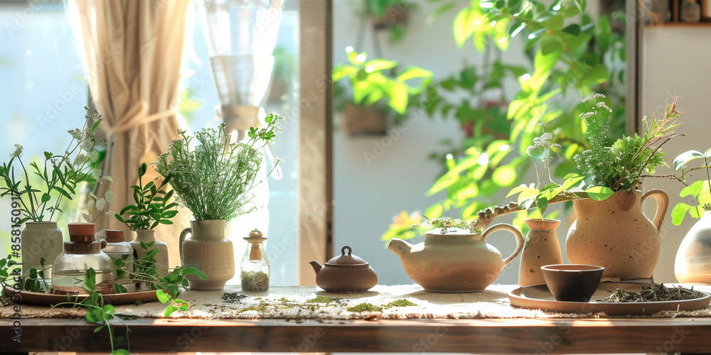 Sunlit table with potted plants and herbal preparations, evoking a serene and natural atmosphere for tea time and relaxation Sunlit table with potted plants and herbal preparations, evoking a serene and natural atmosphere for tea time and relaxation