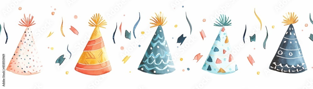 Colorful hand-painted party hats and confetti. Perfect for celebrations, birthdays, and festive events. Vibrant watercolor illustration. Colorful hand-painted party hats and confetti. Perfect for celebrations, birthdays, and festive events. Vibrant watercolor illustration.