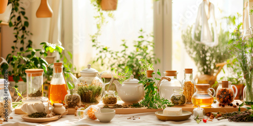Wallpaper Mural Sunlit table with an assortment of herbal ingredients and tea accessories, creating a warm and inviting setting for brewing and enjoying natural teas Torontodigital.ca