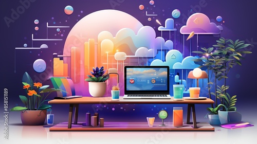 A high-quality vector illustration of a digital marketing concept, featuring interconnected icons, graphs, and devices in a visually appealing design. Illustration, Minimalism,