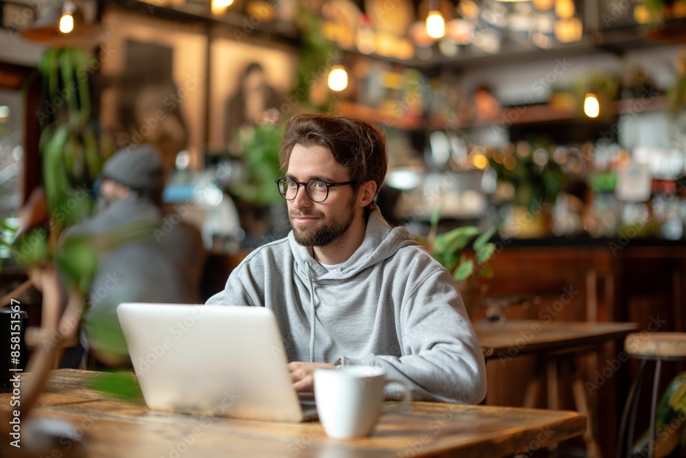 Man in glasses working on laptop with cup of coffee on table. Modern coffee shop with wooden tables. Concept: digital nomad, remote work, work and life balance, freelancing Man in glasses working on laptop with cup of coffee on table. Modern coffee shop with wooden tables. Concept: digital nomad, remote work, work and life balance, freelancing