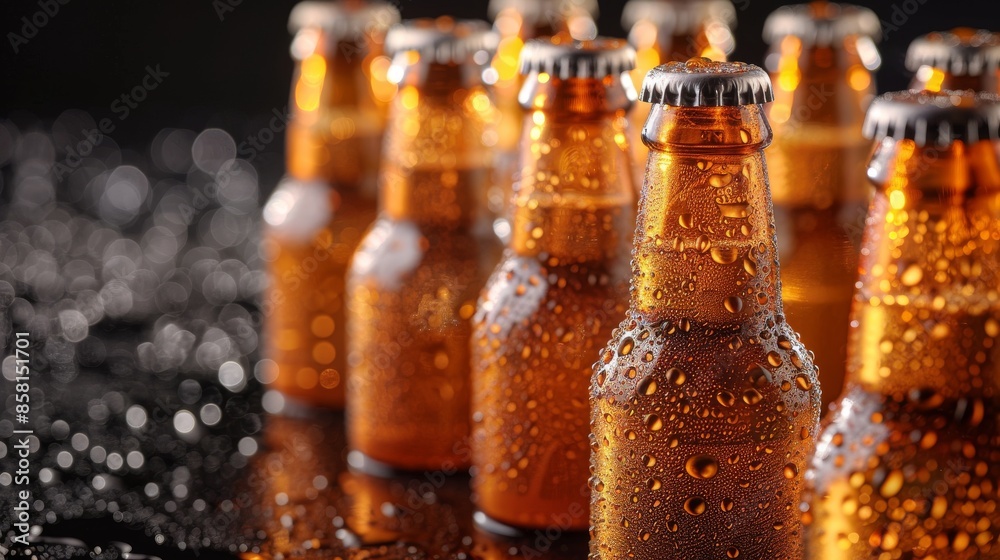 A close-up shot of a collection of amber beer bottles, showcasing the condensation droplets on the bottles creating a refreshing and appealing visual effect. A close-up shot of a collection of amber beer bottles, showcasing the condensation droplets on the bottles creating a refreshing and appealing visual effect.