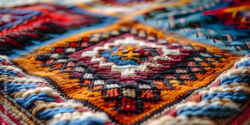 Closeup of colorful Turkish wool rug showing intricate patterns and textures. Concept Turkish Rug, Close-up Photography, Textures, Patterns, Colorful Textiles Closeup of colorful Turkish wool rug showing intricate patterns and textures. Concept Turkish Rug, Close-up Photography, Textures, Patterns, Colorful Textiles