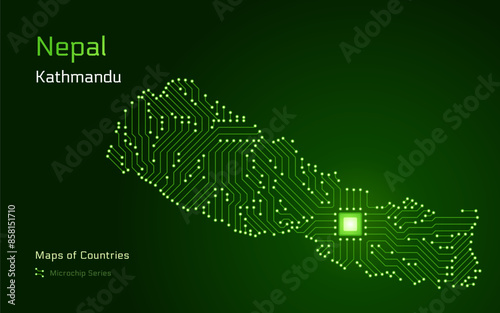 A vector map of Nepal created from a microchip pattern, with the capital Kathmandu depicted as a microchip