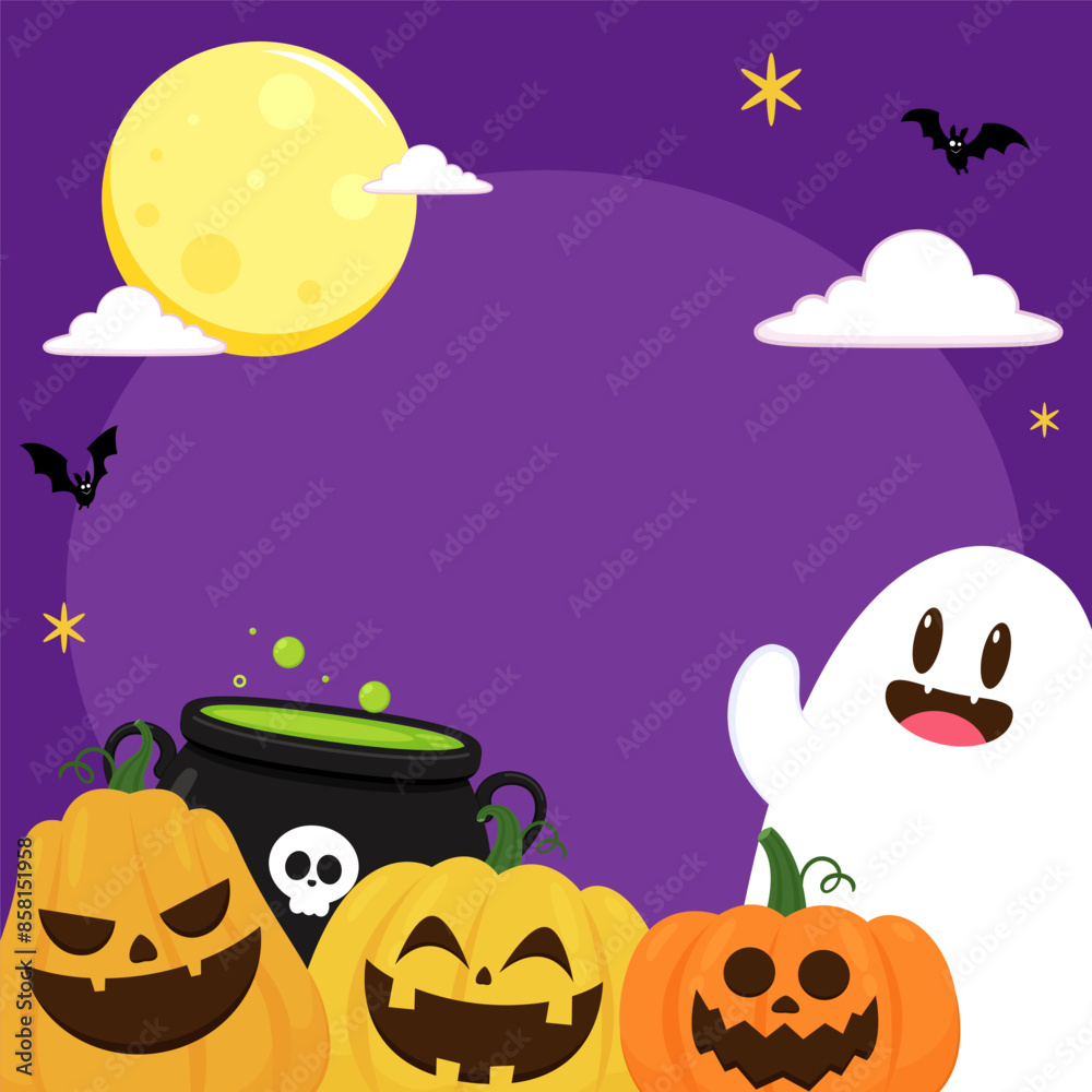 Fototapeta premium Cute ghost floating with Halloween pumpkin basket for Trick or Treat. Funny spooky boo character. Spook phantom with happy smiling face expression. Isolated kids flat vector illustration.