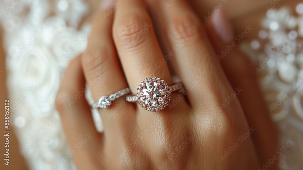 A close-up image of a woman's hand adorned with a delicate engagement ring featuring a large, round diamond surrounded by smaller diamonds, symbolizing love and commitment. A close-up image of a woman's hand adorned with a delicate engagement ring featuring a large, round diamond surrounded by smaller diamonds, symbolizing love and commitment.