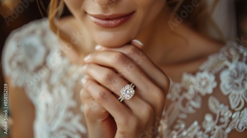 A detailed shot of a bride's hand with an engagement ring resting on her chin. The diamond ring is showcased beautifully, highlighting the emotions of love and commitment. photo