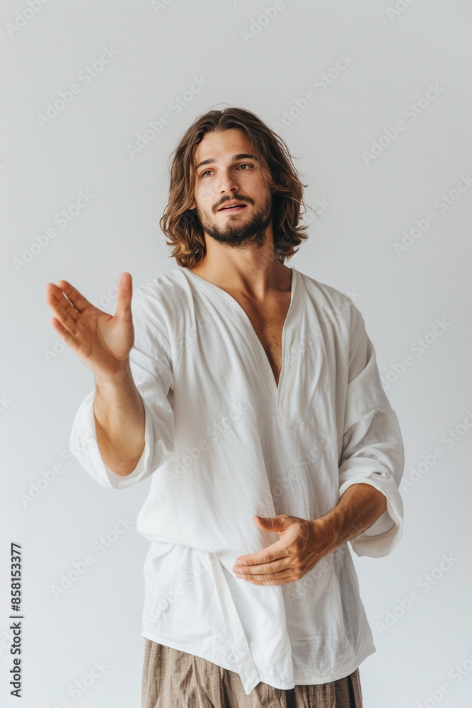 Jesus Christ, emotionally explaining something, sermon. Isolated on a gray background. For religious Christian publications and designs Jesus Christ, emotionally explaining something, sermon. Isolated on a gray background. For religious Christian publications and designs