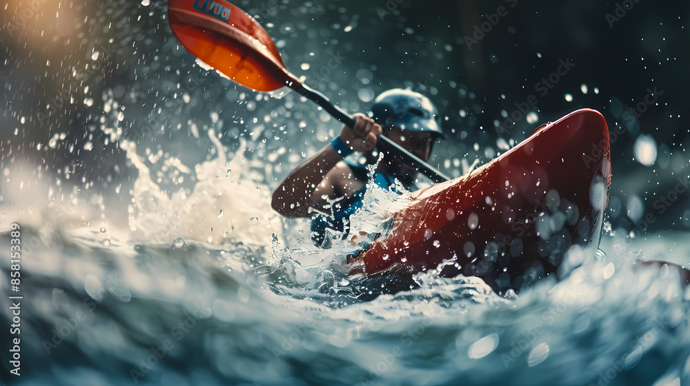 Naklejka premium Mastering the Rapids: Intense Kayak Action