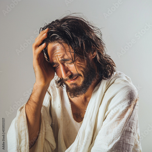 A man, an apostle, a prophet of the times of Jesus Christ in grief. Isolated figure on a gray background. Can be used for biblical religious publications photo