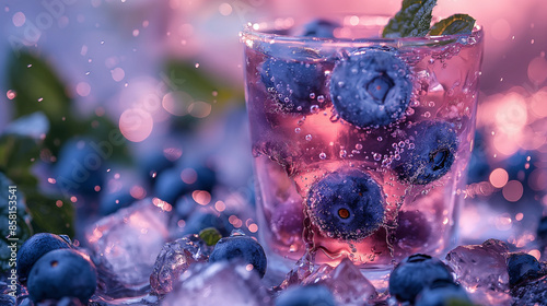 blueberry and mint water photo, vibrant blue color background, blueberries splashing in glass of sparkling water with green leaves, pink light shining on the glass from behind,