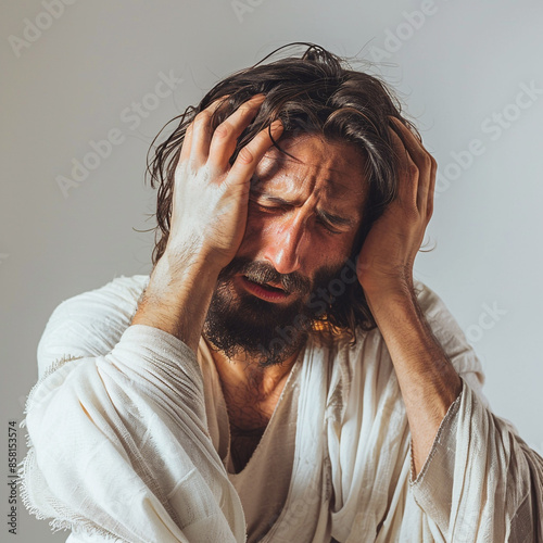 A man, an apostle, a prophet of the times of Jesus Christ in grief. Isolated figure on a gray background. Can be used for biblical religious publications photo