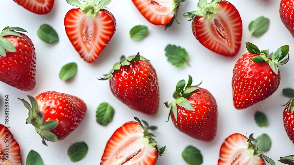 A selection of ripe strawberries, each cut in half to reveal the vibrant red flesh and tiny seeds, arranged neatly on a pure white background. A selection of ripe strawberries, each cut in half to reveal the vibrant red flesh and tiny seeds, arranged neatly on a pure white background.