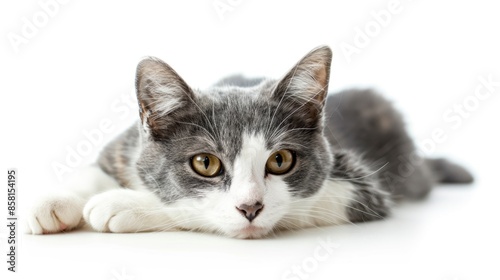 Cute white and gray house cat on a white background