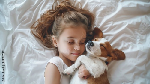 A little kid and a puppy dog in bed at home