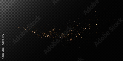 Sparks of dust and golden stars shine with special light. Vector sparks on transparent dark background. Christmas light effect. Sparkling particles of magic dust.	