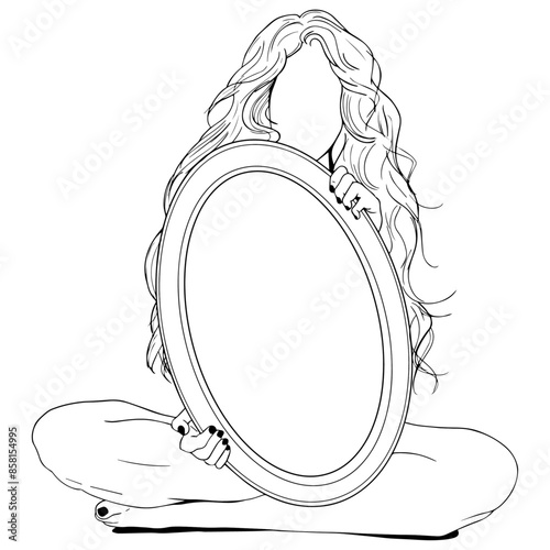 Illustration of a woman holding round shape mirror, illusion absence loneliness concept or message