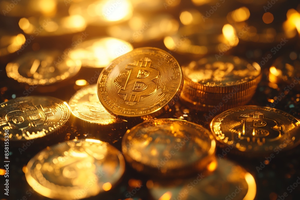 A heap of golden bitcoins forming a stack, with each bitcoin shining brightly and reflecting light in a captivating manner. A heap of golden bitcoins forming a stack, with each bitcoin shining brightly and reflecting light in a captivating manner.
