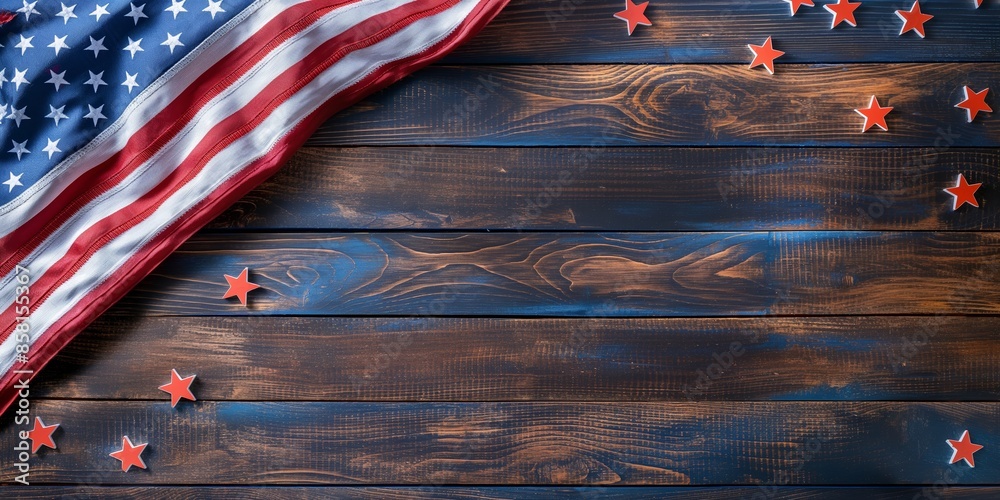 Image of an American flag draped over a wooden background, decorated with red stars, highlighting patriotism and national pride.