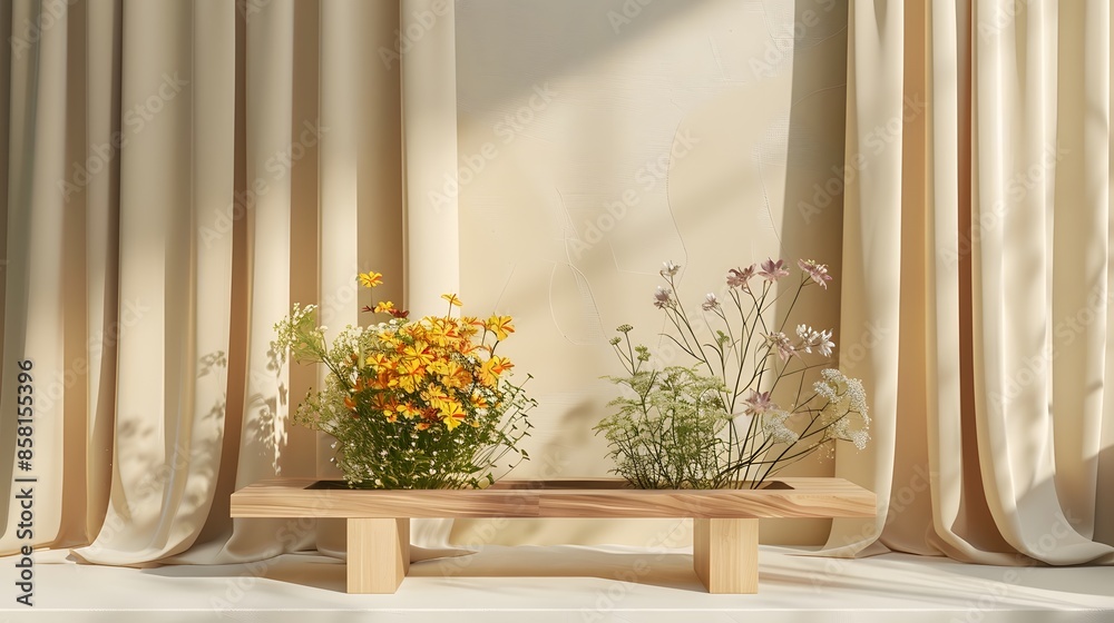 Fototapeta premium A minimalist wooden stand positioned in front of pastel yellow and cream curtains, designed for product presentation, with a bouquet of wildflowers at its base.