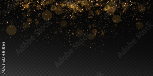 A luminous bokeh that gently shimmers with golden light. Light abstract glowing lights. Glowing bokeh effect isolated on dark background. Christmas background made of glowing dust.	