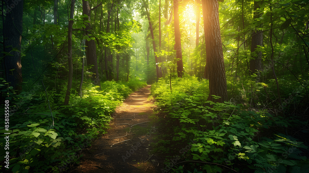 Fototapeta premium Forest trail with dappled sunlight and green foliage