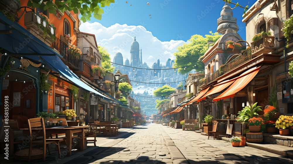 A vibrant illustration of a bustling market in an exotic location, showcasing colorful stalls, diverse goods, and a rich cultural atmosphere. Illustration, Minimalism, A vibrant illustration of a bustling market in an exotic location, showcasing colorful stalls, diverse goods, and a rich cultural atmosphere. Illustration, Minimalism,