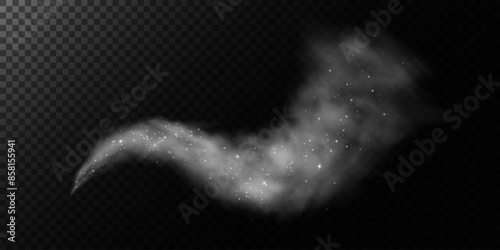 Fantastic smoke background. Magic smoke with glitter and small particles of twinkling stars, fog with glowing particles, gray vapor with stardust. Vector illustration.	