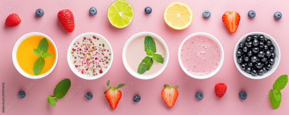 Assortment of fresh fruits and yogurt parfaits. Assortment of fresh fruits and yogurt parfaits.