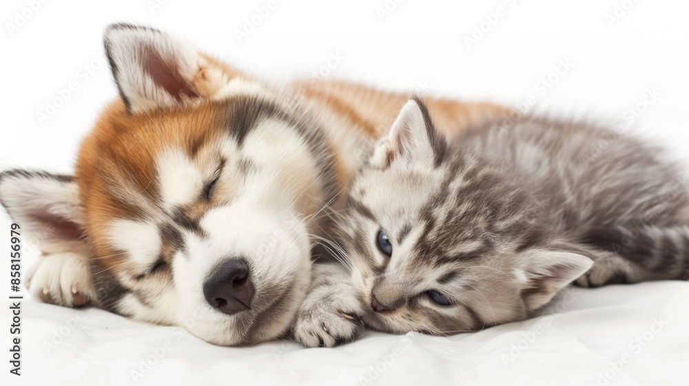 Fototapeta premium Portrait of a Husky dog sleep with a cat over plain background