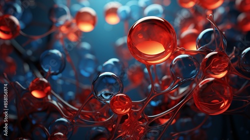 Abstract Visualization of Interconnected Red and Blue Spheres in a Molecular Network.