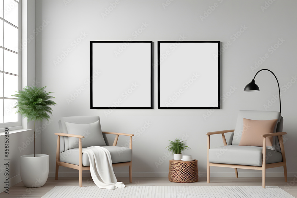 Modern Interior Frame Mockup Bundle. two 2:3 ratio Frames Mockup Bundle in Modern Interior, right cross angle view Modern Interior Frame Mockup Bundle. two 2:3 ratio Frames Mockup Bundle in Modern Interior, right cross angle view