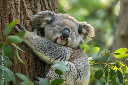A sleepy koala bear hugging the trunk of a eucalyptus tree, with its eyes half-closed and one ear twitching