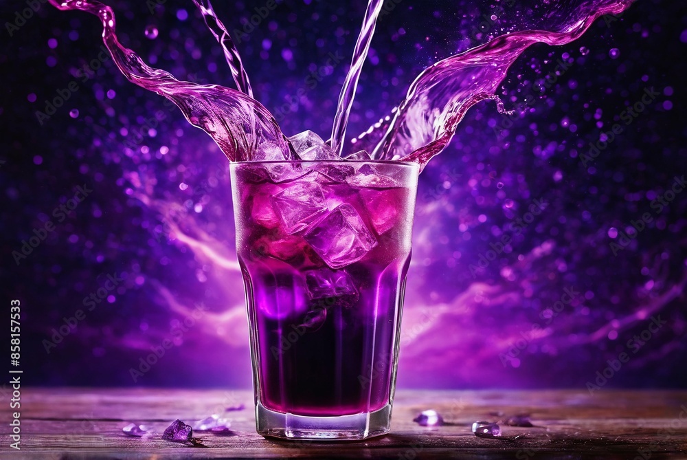 Glowing bright purple cold coctail with magic water splashing. Refreshing blueberry alcohol drink in glass. Long drink or summer cold mocktail. Parties and summer holidays. For bar, menu. Copy space Glowing bright purple cold coctail with magic water splashing. Refreshing blueberry alcohol drink in glass. Long drink or summer cold mocktail. Parties and summer holidays. For bar, menu. Copy space